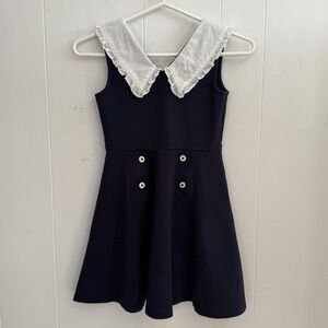 Janie And Jack Knit Dress Girls 8 Navy White Ruffle Collar Fit & Flare Buttons